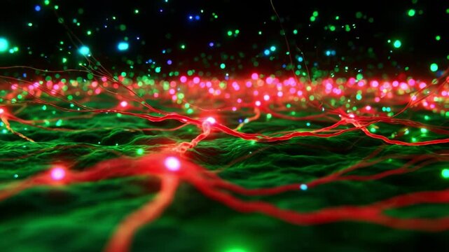 A Vivid Display of Colorful Light Patterns Surpassing Boundaries: A Captivating Journey Through a Multicolored Landscape of Neon Red and Green Lights, Creating a Mesmerizing Visual Experience of Depth