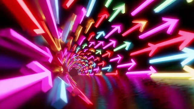 Dynamic Motion Through a Colorful Neon Tunnel with Vivid Arrows Illustrating a Sense of Speed and Direction, Captivating Visuals in a Striking Pattern of Light and Color.