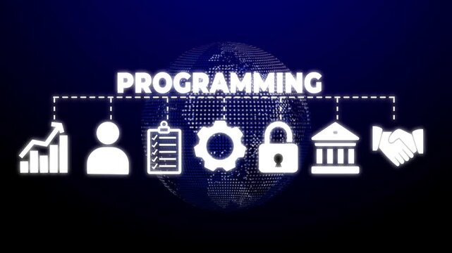 Programming web banner icons Vector illustration concept of with keywords computer, develop, source code, algorithm, data, technology and security