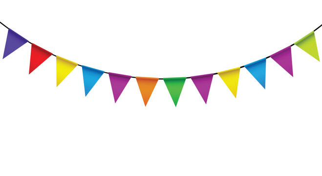 Colorful triangular pennant banner with multicolored flags