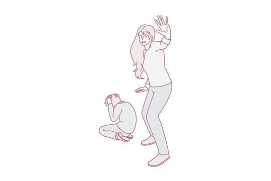 Home abuse and harassment concept. Stressed afraid terrified woman mother standing and asking stop violence with sitting and covering ears kid on floor vector illustration