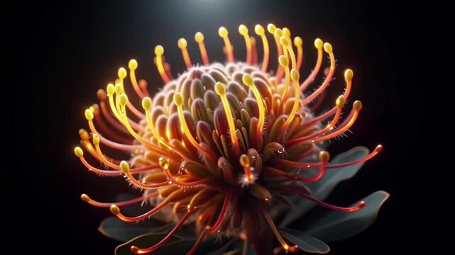 Neon Banksia Flower with Golden Glow &ndash; Cinematic Macro on Black Background for Luxury Vibes