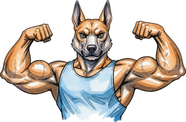muscular german shepherd dog illustration with flexing biceps on transparent background