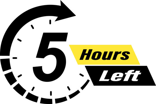 Five hours left countdown timer icon with clock arrow for limited time offer, promotion sale badge, 5 hours remaining time indicator label for e-commerce marketing and social media advertising.