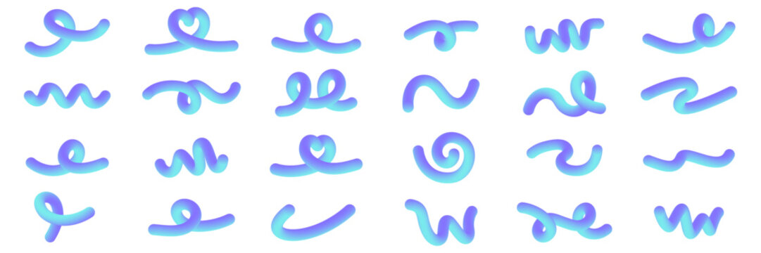 Blue and purple curves form modern design elements. Abstract gradient line shapes with fluid create dynamic patterns. Vector illustration isolated on white.