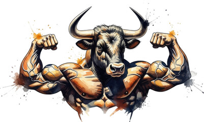 a muscular bull with large horns flexing its arms on transparent background