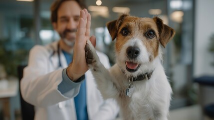 A cheerful clinic moment shows a friendly dog raising a paw to give a high five while interacting with a smiling vet doctor, highlighting trust, positive training, and compassionate animal care.