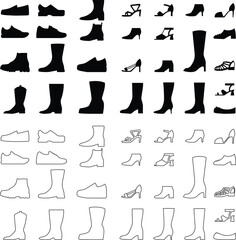 Fototapeta premium Shoes footwear icons set collection featuring boots heels sneakers sandals silhouettes in flat and line style, fashion apparel outline illustration group for store web branding design