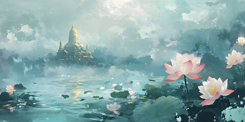 Ancient Thai temple stupa rising above a misty lake with blooming pink lotus flowers, serene spiritual landscape for Songkran Thai New Year celebration and meditation background