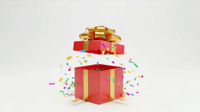 Vibrant red gift box exploding with colorful confetti isolated on white background