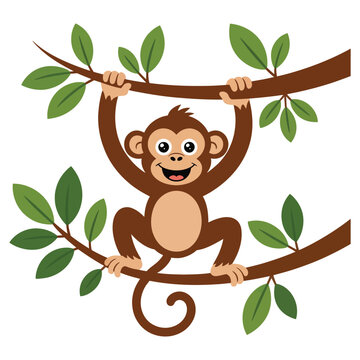 Smiling cartoon monkey hangs happily from thick tree branches.