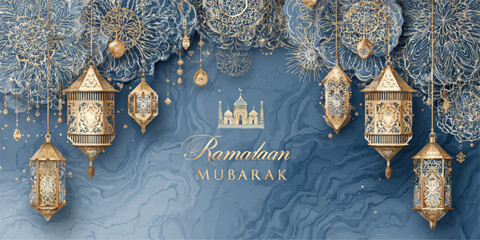 Fototapeta premium Ramadan mubarak with blue marble background and hanging lanterns