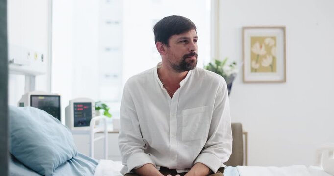 Thinking, patient and man in hospital room, stress and waiting for appointment, anxious and illness. Healthcare, delay and impatient for checkup, reflection and person with sickness on bed in clinic