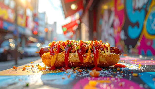 Hot dog jajanan kaki lima yang lezat dengan topping warna-warni
