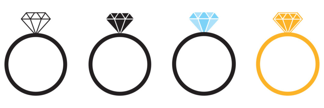 Wedding ring icon. Jewelry logo. Engagement diamond ring icon. Proposal symbol. Brilliant gold jewellery vector illustration isolated.