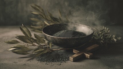 Ash Wednesday Bowl with Ashes, Wooden Cross, and Palm Leaves Symbolizing Repentance and Lent Ideal for Easter Season Promotions