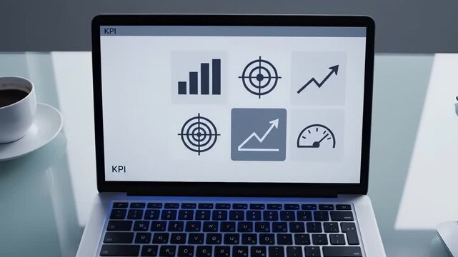 Laptop screen displays kpi dashboard with business analytics icons including bar charts, target symbols, growth arrows and speedometer metrics. Performance measurement visualization represents data