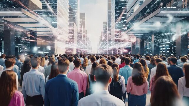 Crowd walking through futuristic city with glowing data streams and towering skyscrapers. Urban future, smart city, and digital transformation concept. Mass movement, connectivity, societal progress.