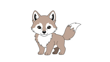 Obraz premium Adorable cartoon wolf or husky puppy standing in a friendly pose with a fluffy tail on a simple white background.