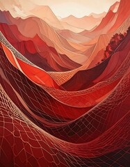 Crimson Terrain - Abstract Landscape of Red Mountains and Woven Valleys.