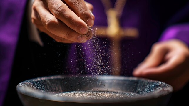 Priest sprinkling ash from bowl during observance of Ash Wednesday  