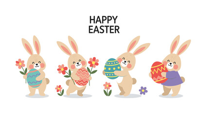 four happy beige easter bunnies holding decorated colorful eggs and spring flowers under a happy easter text illustration.