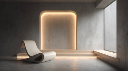 Minimalist Concrete Interior with LED Niche Lighting and Modern Curved Chair