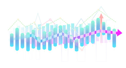 Abstract finance infographic with bar chart and lines, up arrow on transparent background