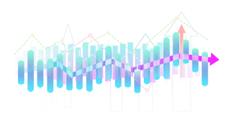 Abstract finance infographic with bar chart and lines, up arrow on transparent background