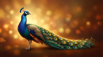 Fototapeta premium majestic peacock with colorful feathers standing on a dark background with bokeh lights representing the grace of lord murugan during the holy thaipusam
