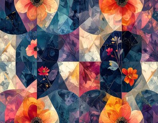 Floral Mosaic - A Vibrant Abstract of Flowers and Geometric Shapes.