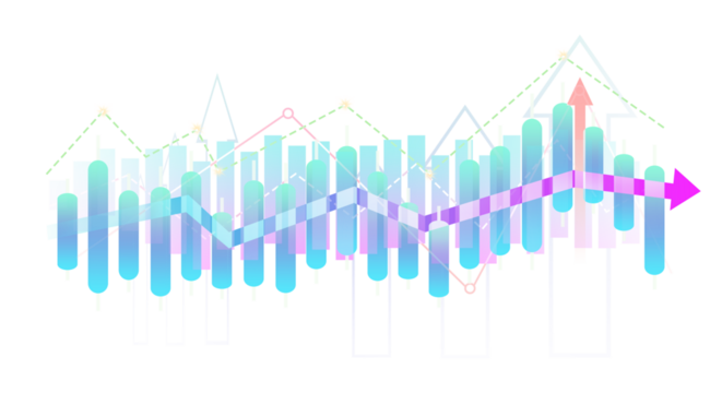 Abstract finance infographic with bar chart and lines, up arrow on transparent background - Powered by Adobe