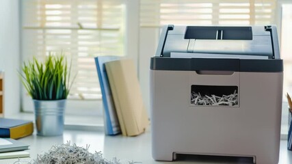 Video A printer sitting next to a pile of shredded paper, ideal for office or workspace scenes