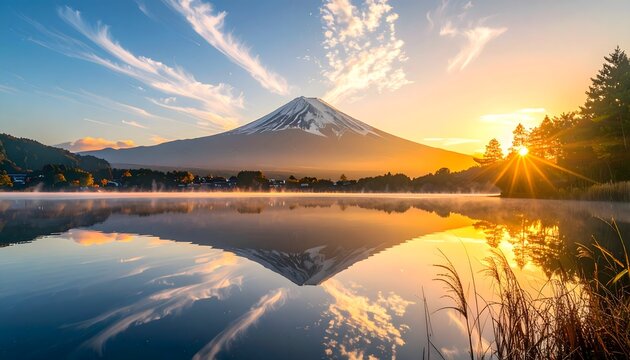Danau pegunungan yang tenang saat matahari terbit dengan puncak gunung bersalju yang megah.