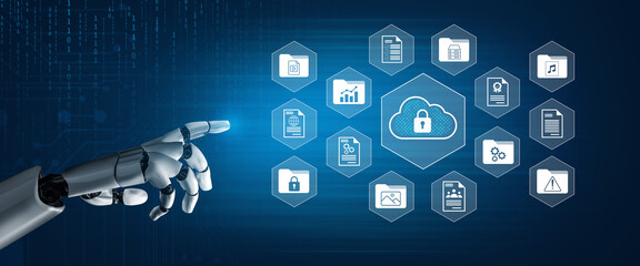 A robotic hand interacts with a digital cloud storage display featuring icons for security and analytics, illustrating modern technology and data management solutions. Gantry