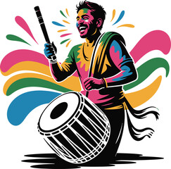 A vibrant illustration depicts a man joyfully playing a traditional indian drum during holi
