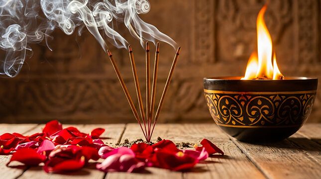 guru ravidas jayanti burning incense sticks with smoke and a lighting oil lamp surrounded by red rose petals for a peaceful prayer and meditation session