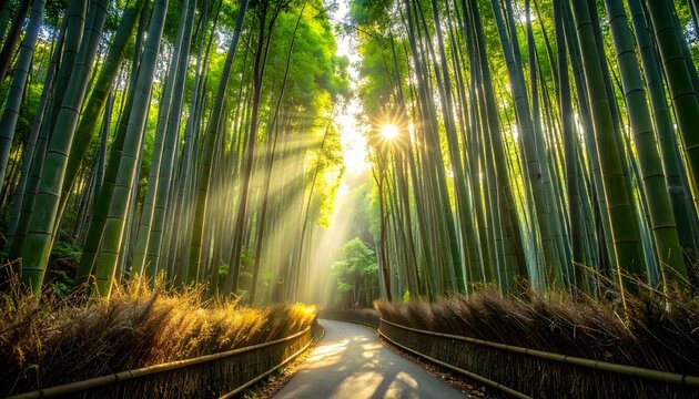 Jalan setapak di hutan bambu yang tenang saat matahari terbit.