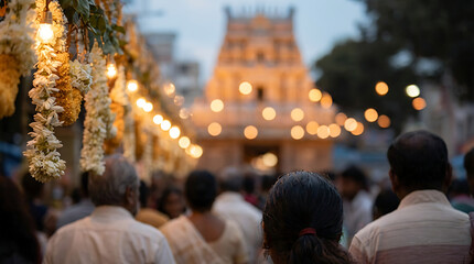 Devotees walking towards a decorated hindu temple gopuram during thaipusam festival dedicated to lord murugan with flower garlands and lights in spiritual religious gathering event