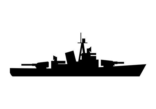 Silueta negra de barco de guerra militar tipo destructor con ca&ntilde;ones