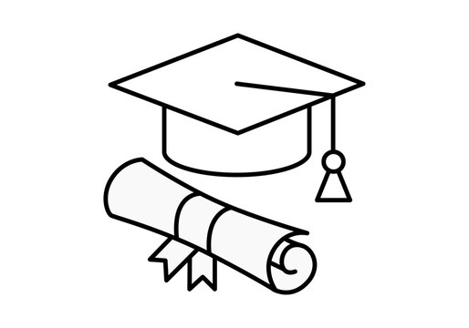 Icono de gorro de graduaci&oacute;n con borla y diploma enrollado con cinta