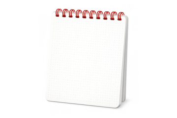 Blank spiral notebook with dotted paper and red rings, standing vertical, transparent background, 3d icon rendering