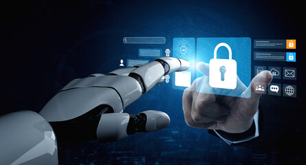 A robot hand interacts with a digital security interface, depicting futuristic technology concepts focused on data protection and privacy management innovations. Gantry