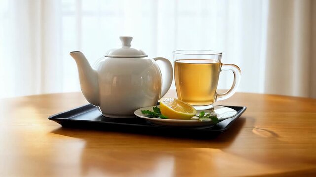 White teapot and glass cup of tea on wooden table with lemon slice