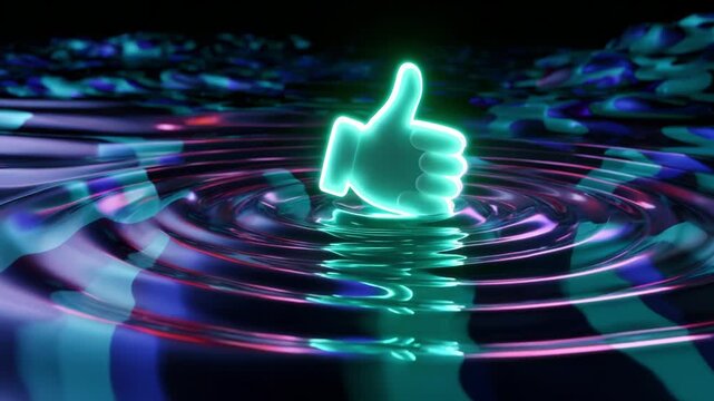 A captivating digital representation featuring a luminous thumbs-up symbol rising from vibrant, animated water ripples, creating a mesmerizing visual experience that combines art and technology