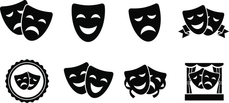 Comedy and tragedy masks theatre performing arts icons. 