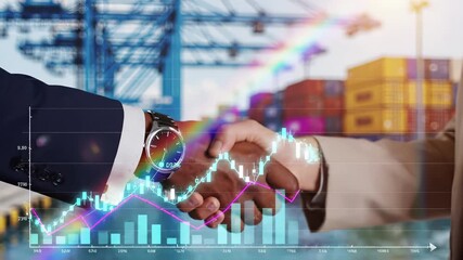 Business handshake with financial chart overlay and cargo containers at shipping port. Logistics partnership concept representing trade agreements, supply chain collaboration, international commerce, - Powered by Adobe