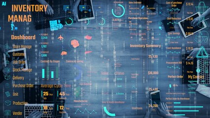 Inventory management dashboard showing supply chain performance, stock levels, order cycle times, cost reduction, and procurement ROI. Inventory tracking, and streamline warehouse efficiency. Thunk