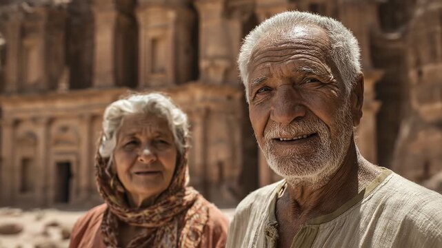 Elderly Bedouin couple in Jordan. Mature man and woman gaze thoughtfully. Traditional clothing, weathered faces. Petra's ancient architecture. Authentic desert life. Authentic cultural portrait.