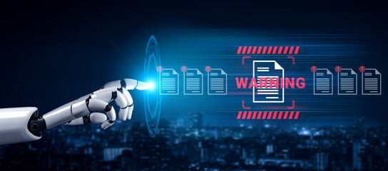 A robotic hand interacts with a digital warning sign, highlighting critical documents in a futuristic urban landscape at night, symbolizing technology role in information security. Gantry